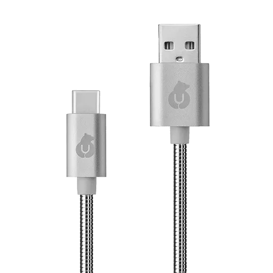 Кабель зарядный USB-C USB-A в стальной оплетке, серебро