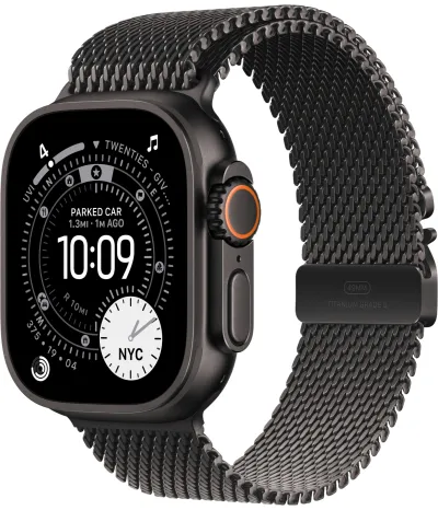 Apple Watch Ultra 3 49 мм, корпус из черного титана, ремешок Milanese черного цвета, размер M