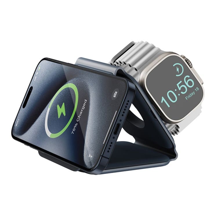 Беспроводное зарядное устройство EnergEA Bazic GoMag Trio PLUS magnetic wireless foldable 15W, синий