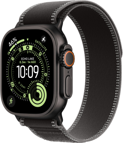 Apple Watch Ultra 3 49 мм, корпус из черного титана, ремешок Trail черного цвета, размер M/L